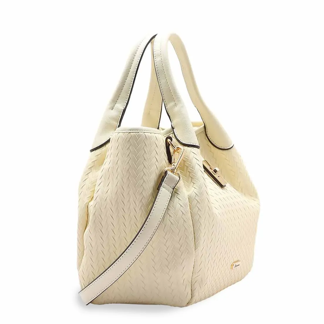 Bolsa feminina Chenson bege com textura tresse, alças fixas duplas e alça removível ajustável, detalhes em metal dourado, design elegante e moderno.